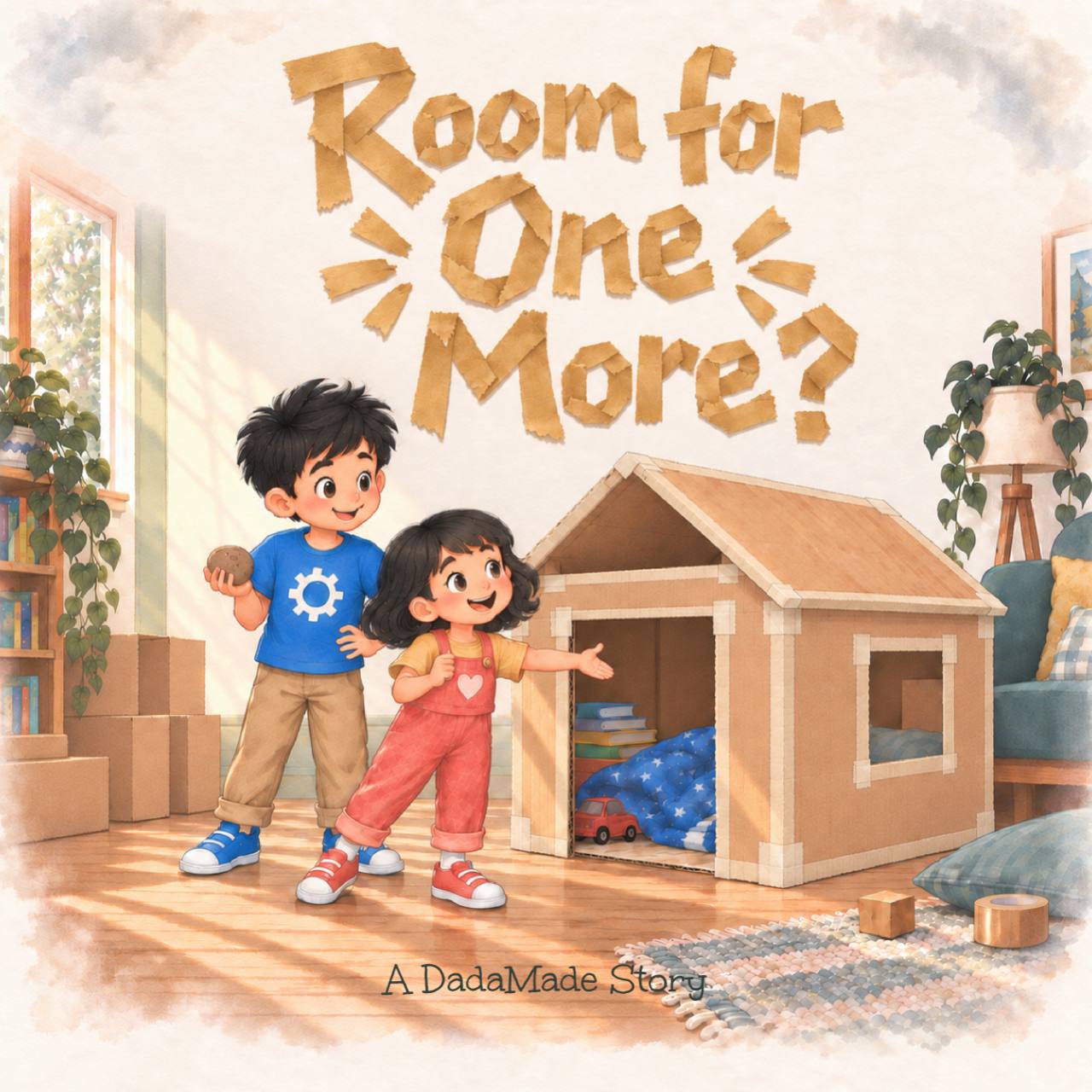 Cover of Room for One More? showing Little Builder and Little Explorer beside their cardboard house